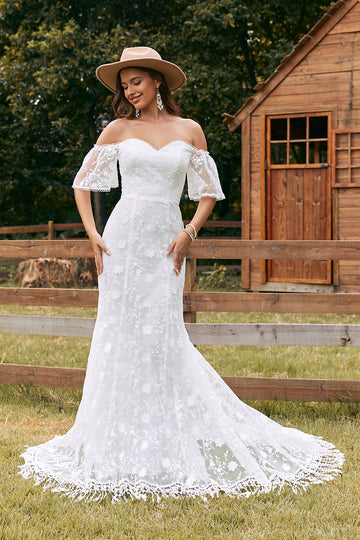 Vestido de novia de tren de barrido de encaje de sirena marfil con mangas